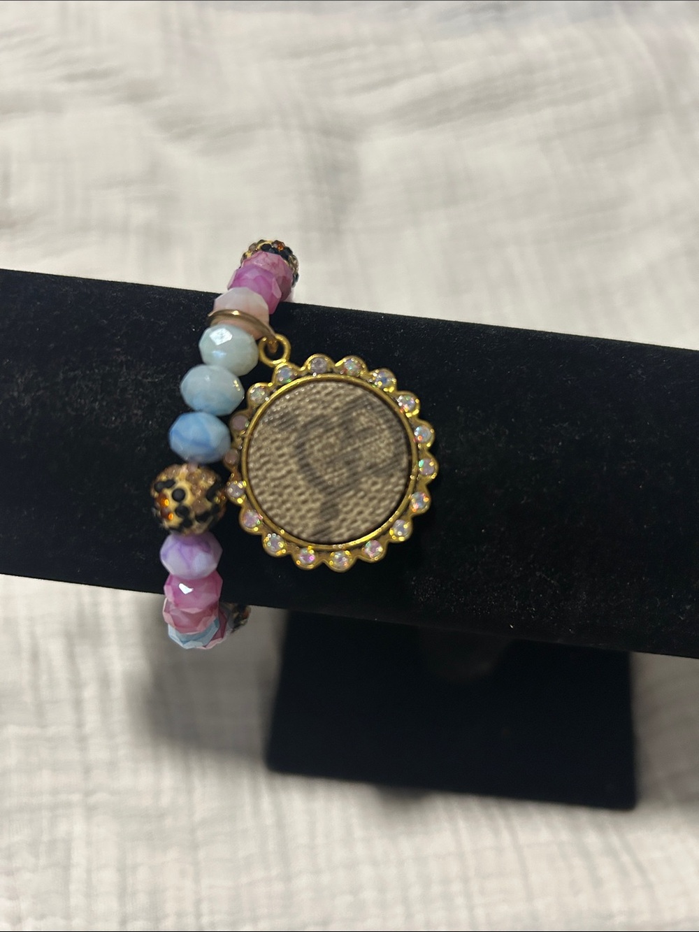 Keep it Gypsy Upcycled Gucci BeadBracelet with Pink, Light Blue, leopard Accents